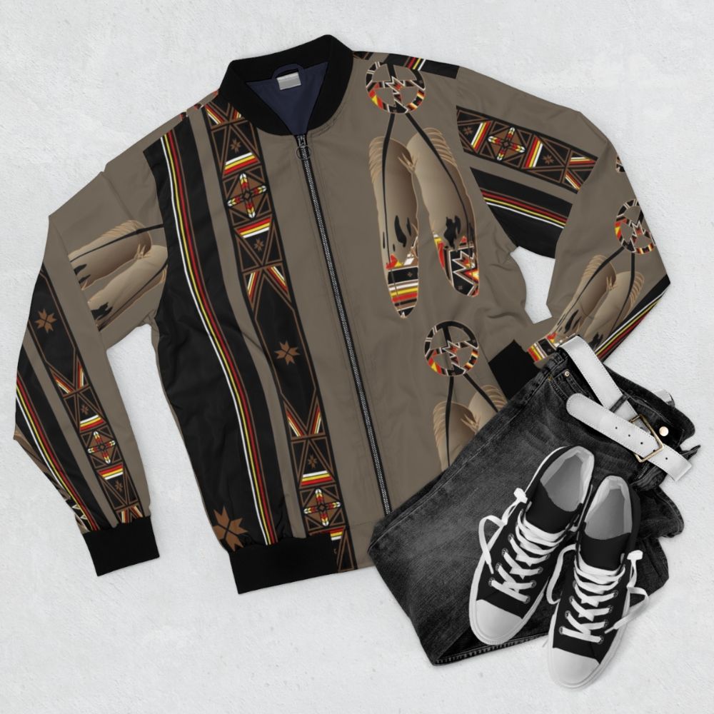 Native American inspired bomber jacket with feathers, eagle, and medicine wheel design - Flat lay