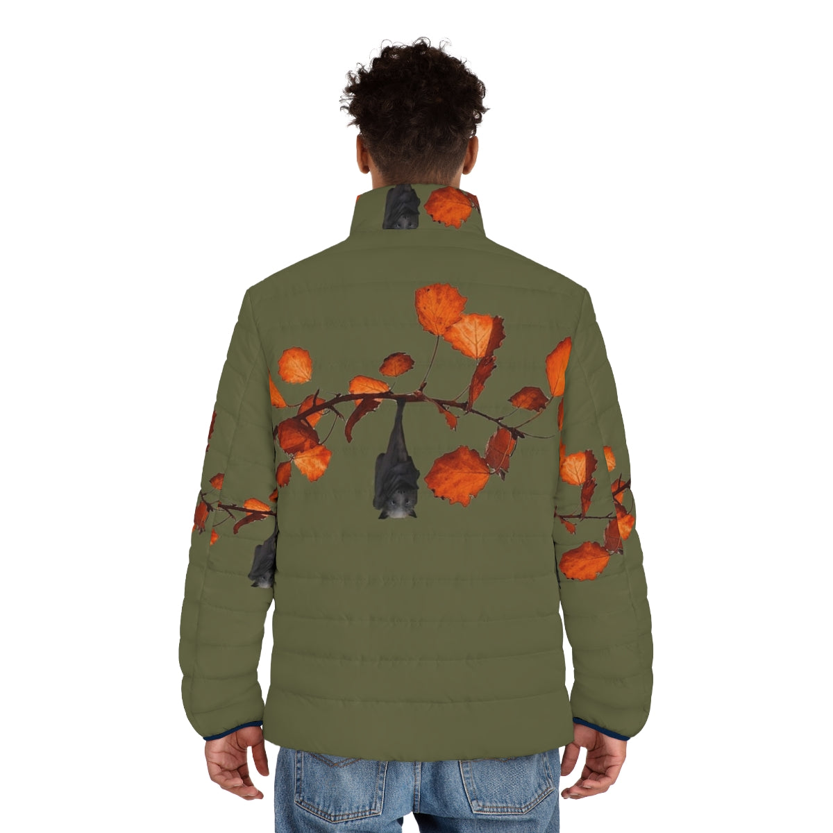 Moss green puffer jacket with a cute hanging bat design - men back