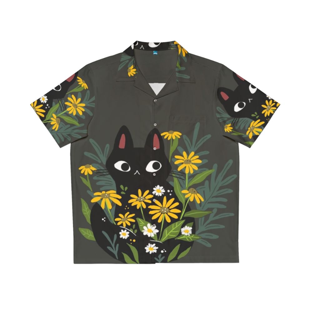 Black cat with yellow flowers on a tropical hawaiian shirt