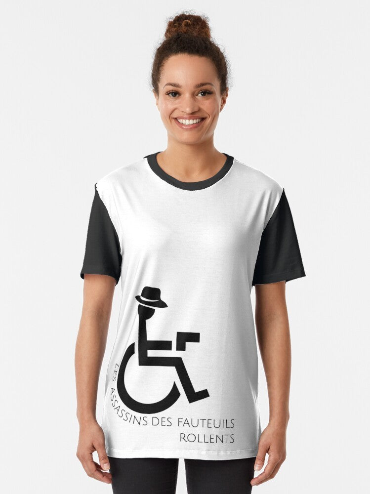 Infinite Jest graphic t-shirt featuring the "Assassins des Fauteuils Rollents" design, a nod to the classic novel by David Foster Wallace. - Women