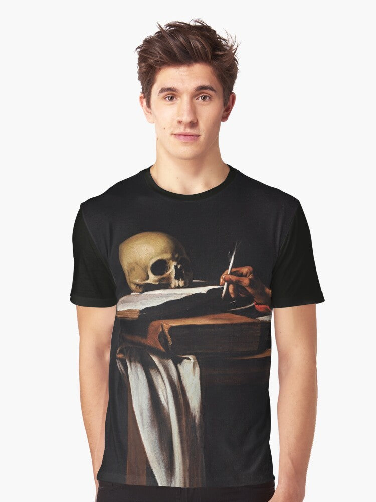 Baroque style graphic tee featuring Saint Jerome writing, a famous religious painting by the Italian artist Michelangelo Caravaggio. - Men