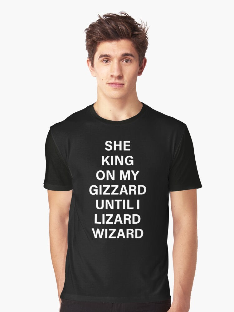 Funny t-shirt design with a lizard wizard and the text "She King on My Gizzard Until I Lizard Wizard" - Men