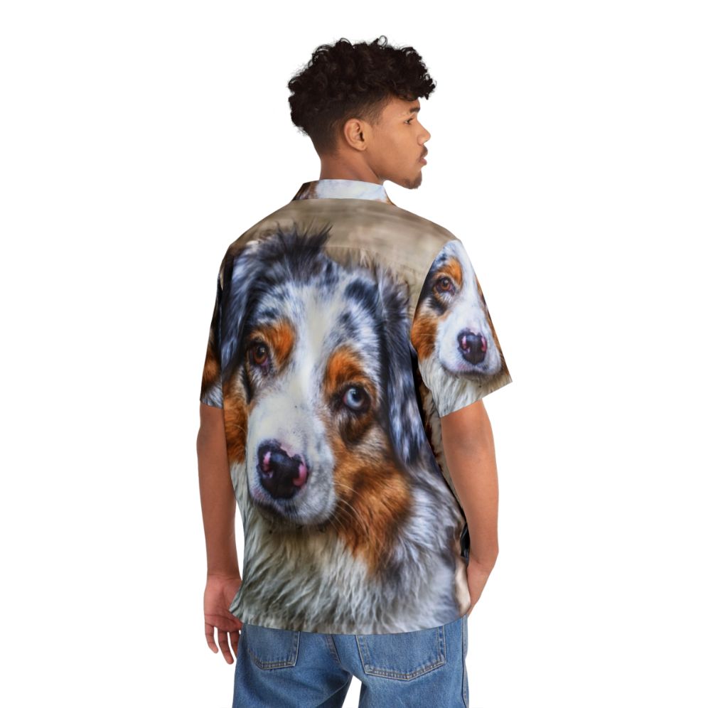 Colorful Australian Shepherd dog wearing a Hawaiian-inspired shirt - People Back