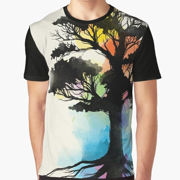 Natural Source Graphic T-Shirt featuring a watercolor-inspired nature design with trees and elements