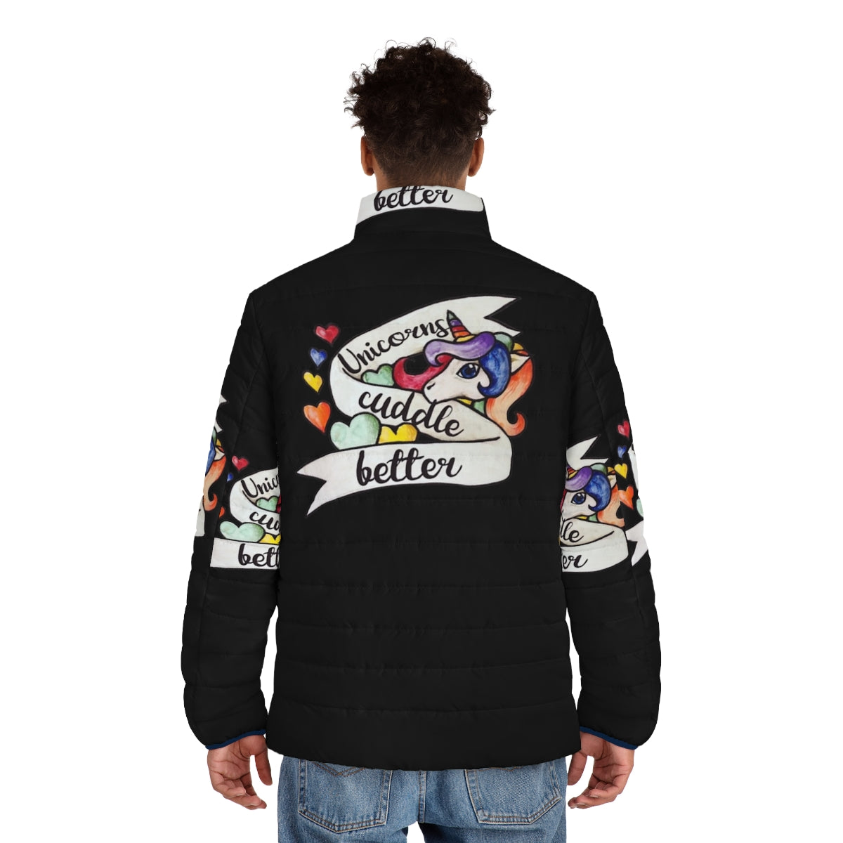 Unicorn puffer jacket in a cozy and whimsical design - men back