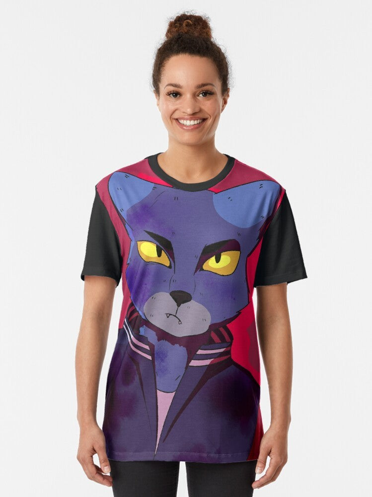 Graphic t-shirt featuring the "Lone Digger" character from the Caravan Palace electro-swing music group, with a furry cat design. - Women