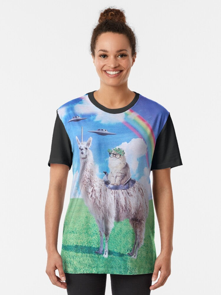 Cat riding a unicorn llama (llamacorn) on a colorful rainbow-filled space background with a flying UFO - Women