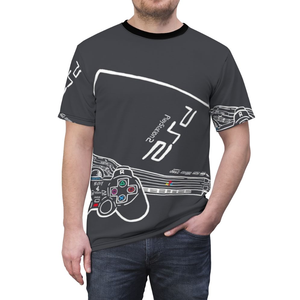 Retro gaming t-shirt featuring a vintage Playstation console design - men front