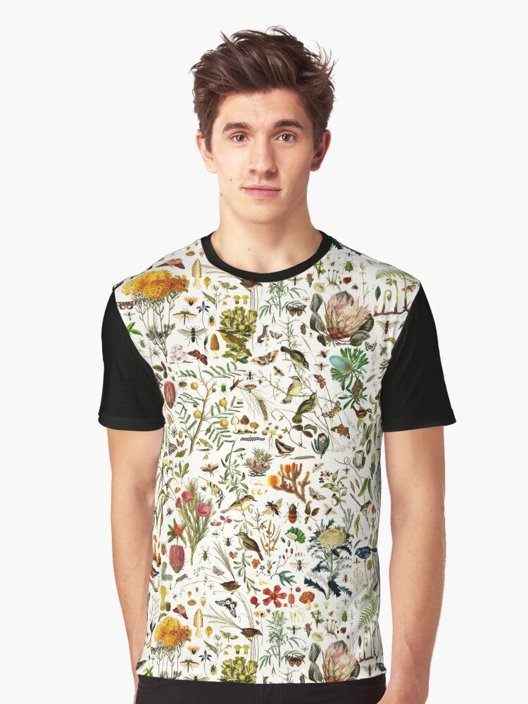 Vintage-style graphic t-shirt featuring a collage of Australian flora and fauna, including butterflies, birds, insects, and botanical elements. - Men