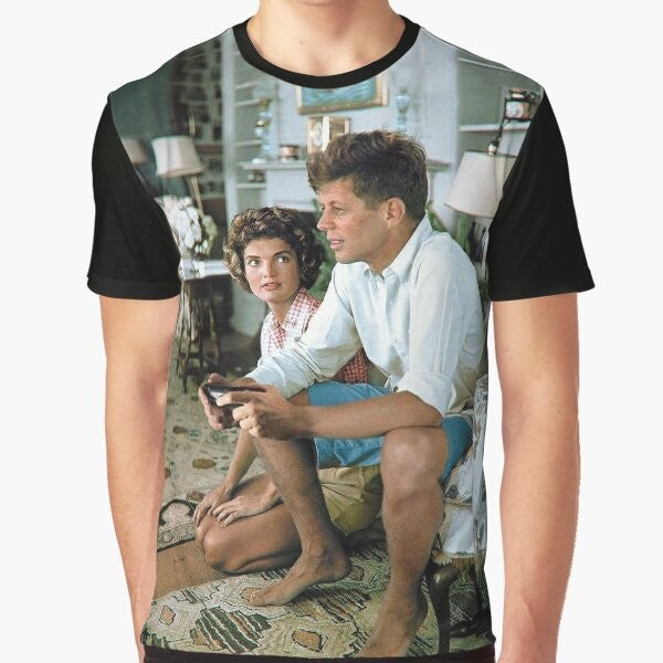 "Graphic tee featuring JFK playing on a PS4 controller with 'Press F' text"