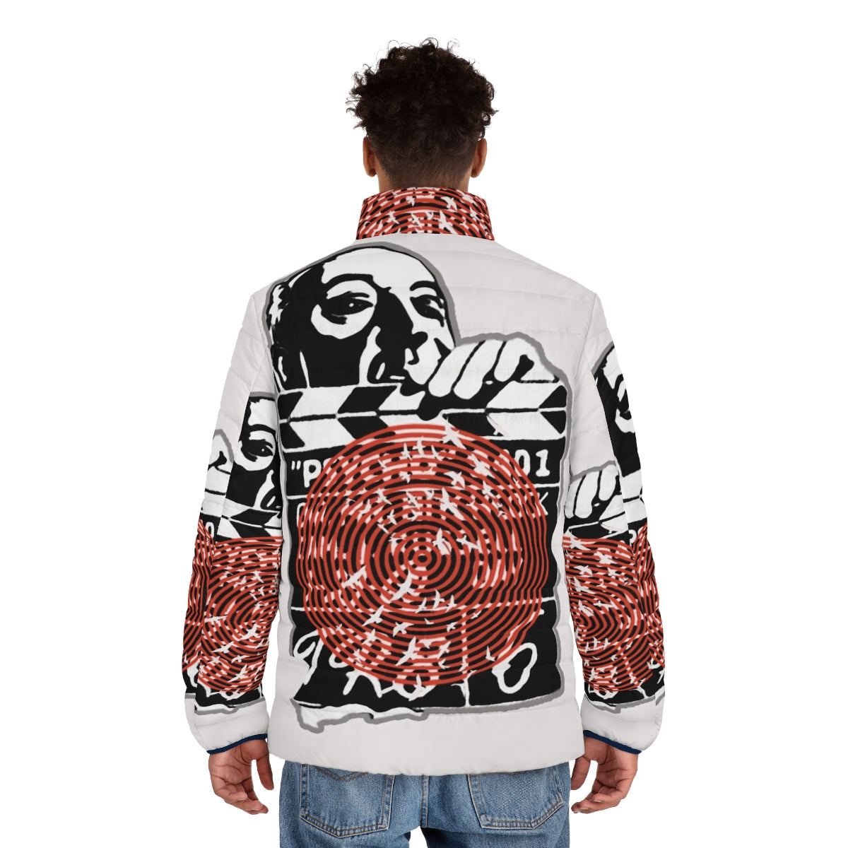 Alfred Hitchcock Inspired Puffer Jacket with Iconic Quotes and Designs - men back