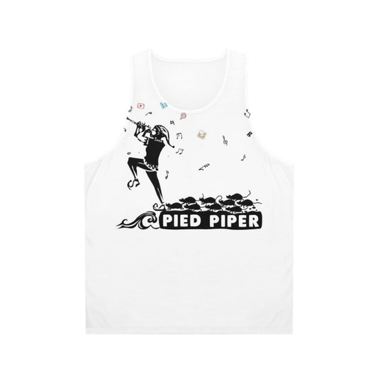 Pied Piper unisex tank top featuring a monotone, black and white design inspired by the classic fairy tale