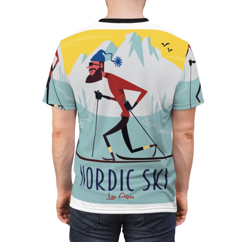 Retro Nordic Ski Poster Inspired T-Shirt featuring a vintage ski and mountain design - men back