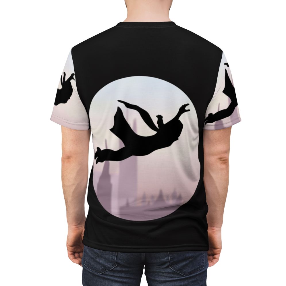 T-shirt featuring the iconic leap of faith from Assassins Creed Syndicate, showcasing the Frye twins Jacob and Evie. - men back