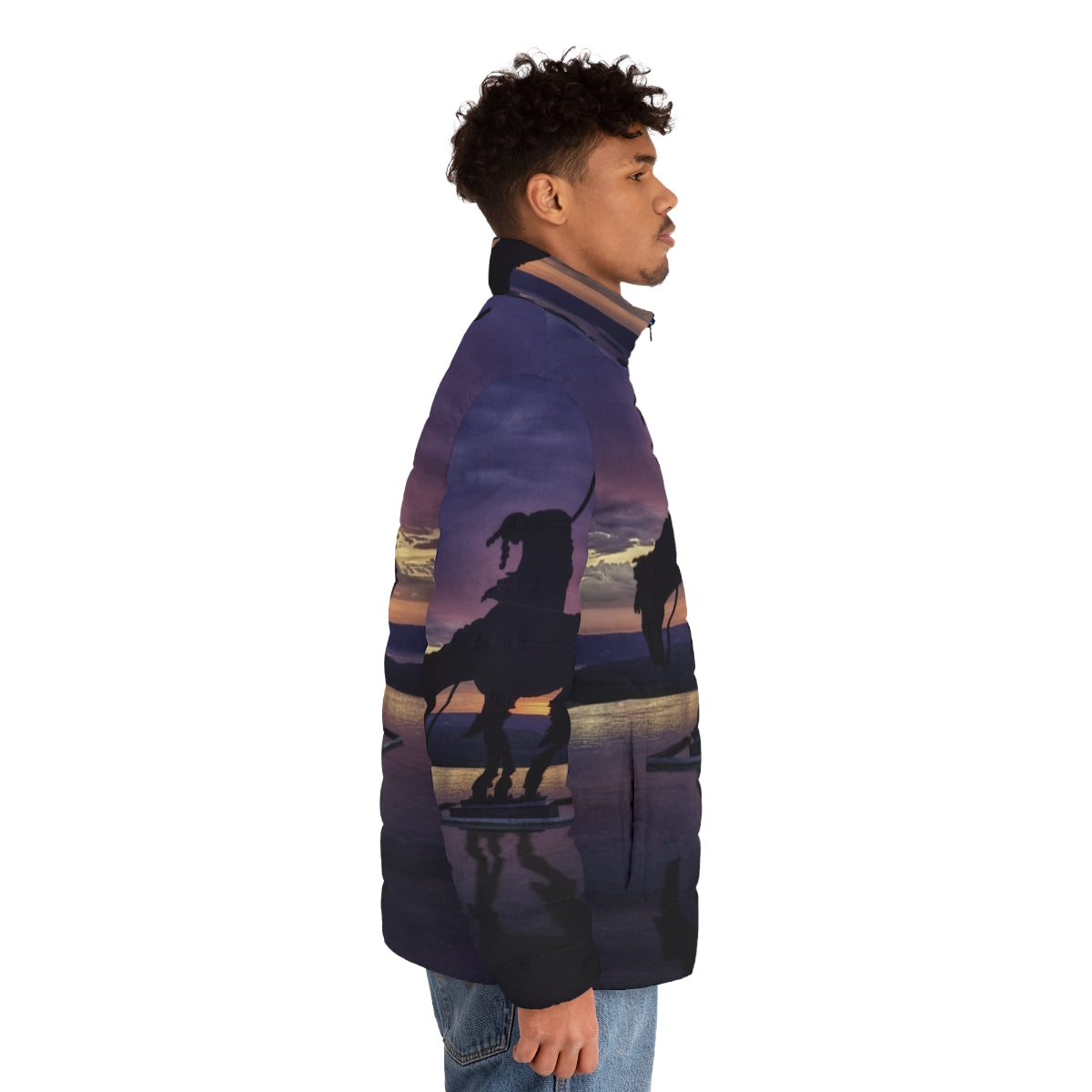 Native American tribal art sunset puffer jacket - men side right