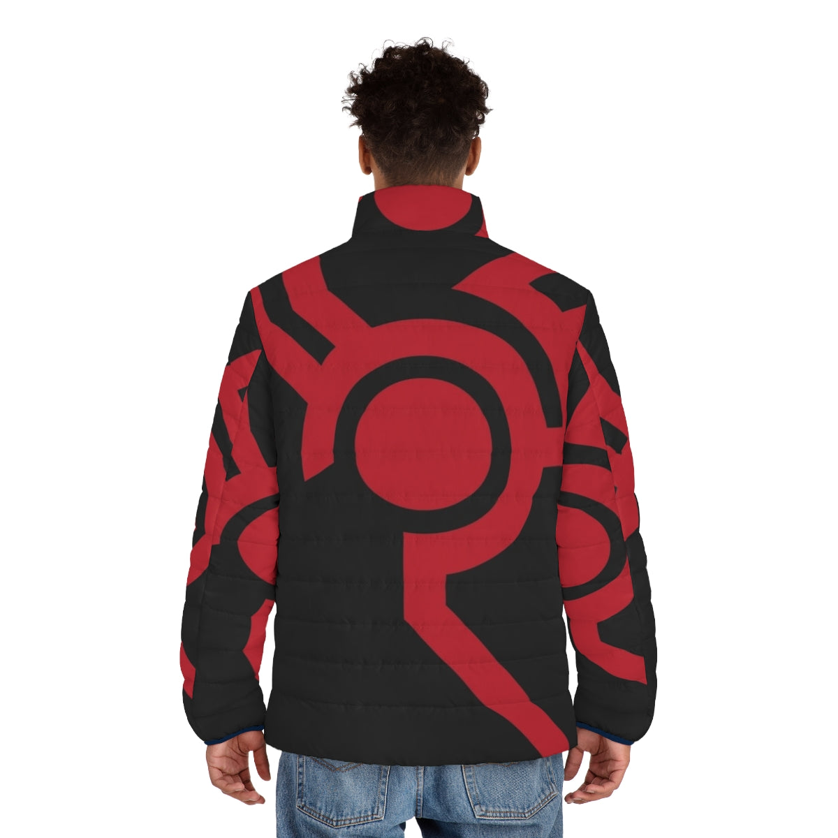 Techno Circuit Puffer Jacket with Red and Black Dragon Design - men back