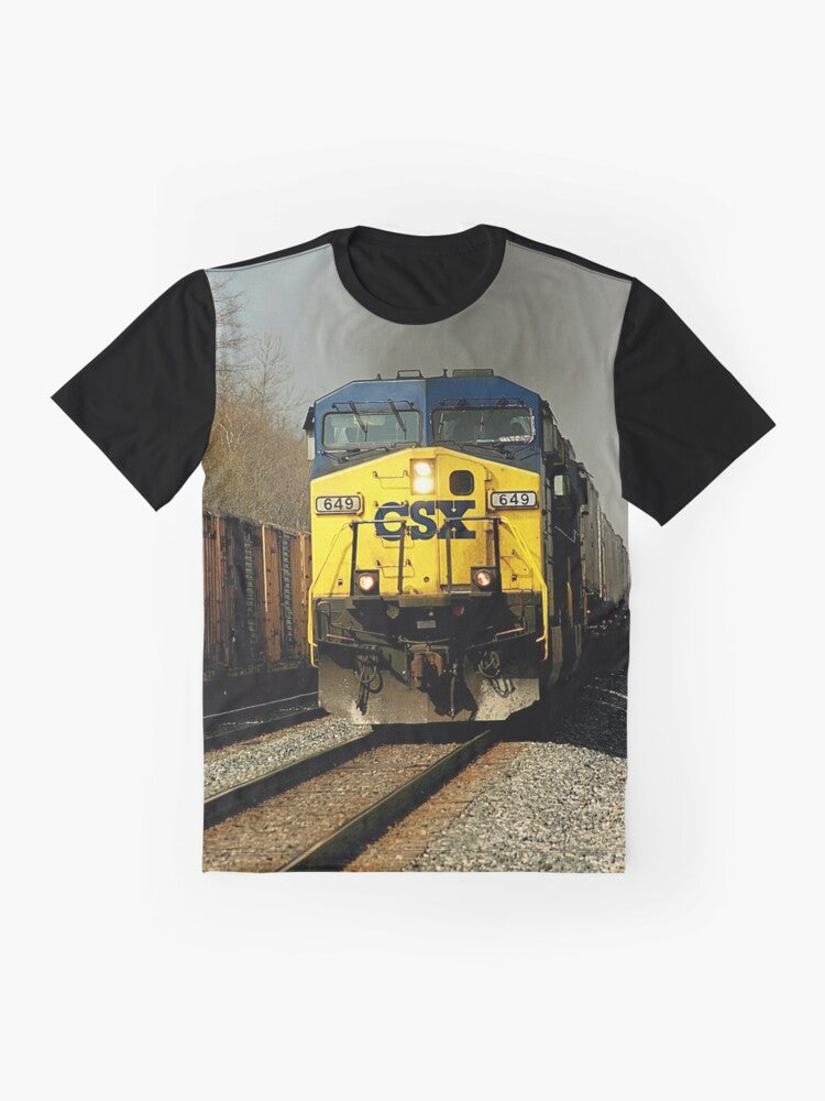 Vintage graphic t-shirt featuring a CSX 649 locomotive - Flat lay