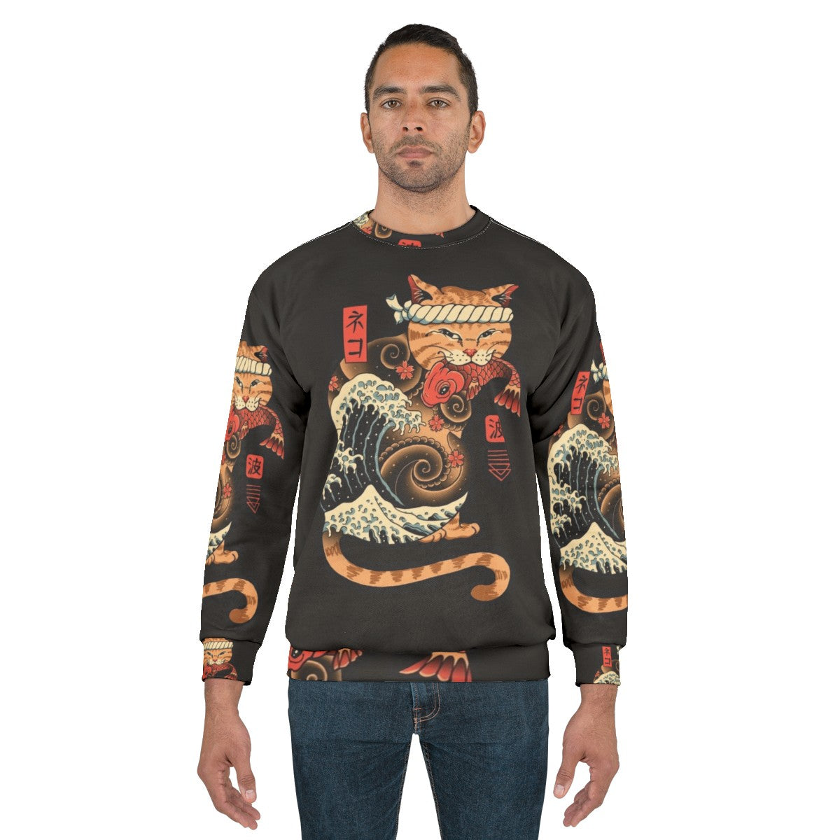 Catana Wave Sweatshirt featuring cats and the iconic Great Wave painting - men