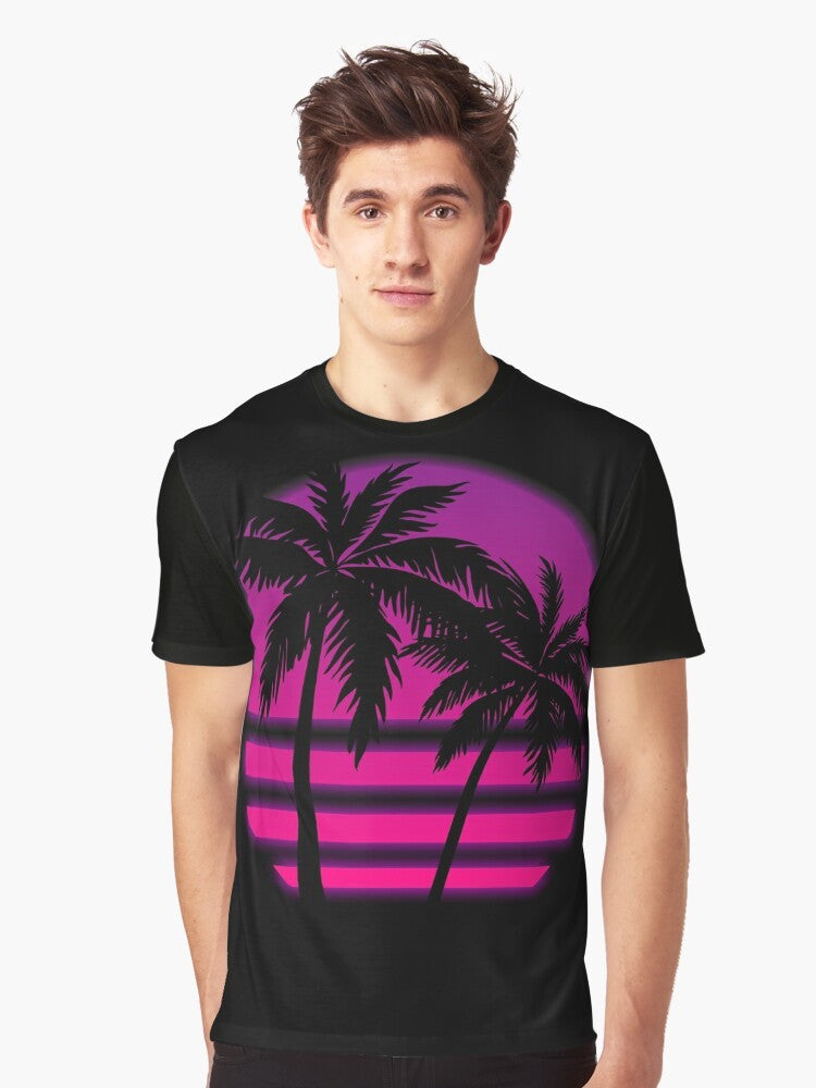 Miami Wave Graphic T-Shirt featuring a retro neon sunset and palm trees design - Men