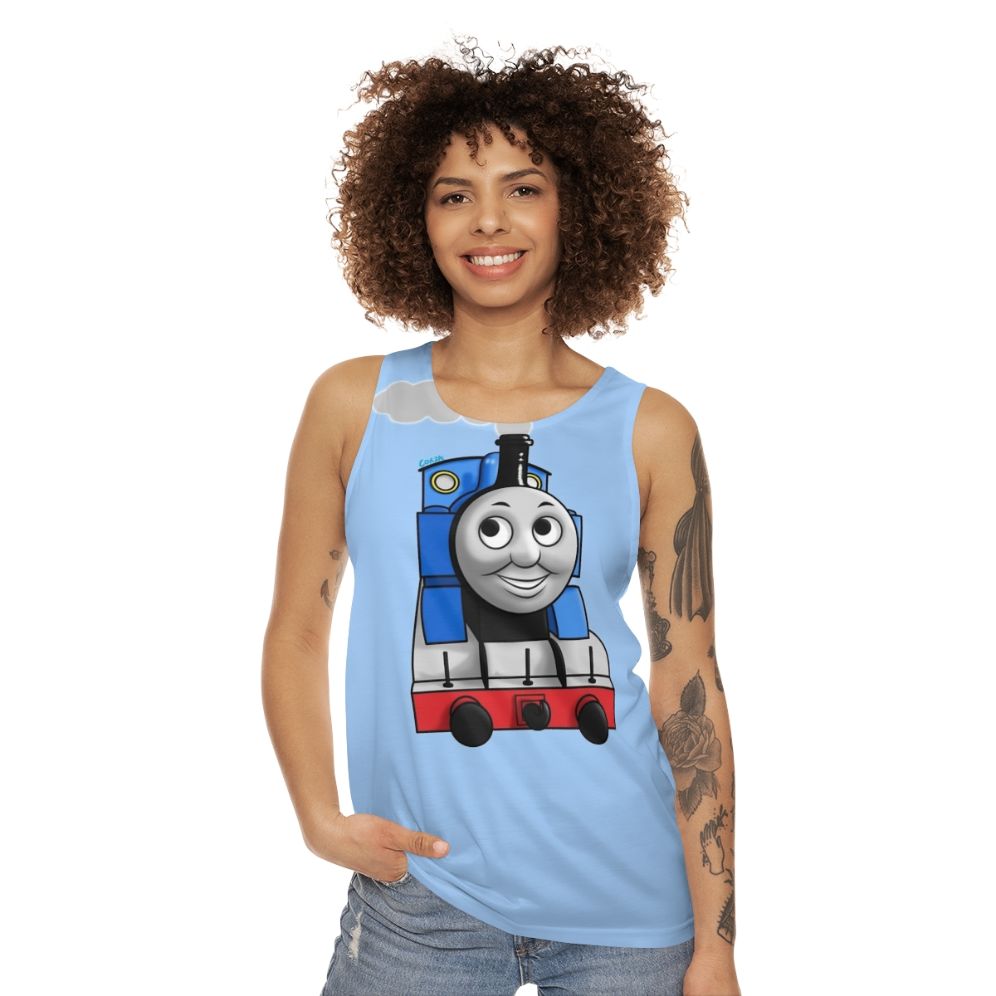 Vintage illustration of Thomas the Tank Engine on a unisex tank top - women