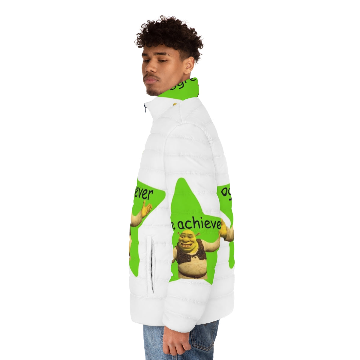 Shrek-inspired puffer jacket with playful design - men side left