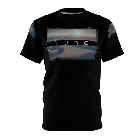 Dune-inspired t-shirt design featuring a desert landscape on a black background