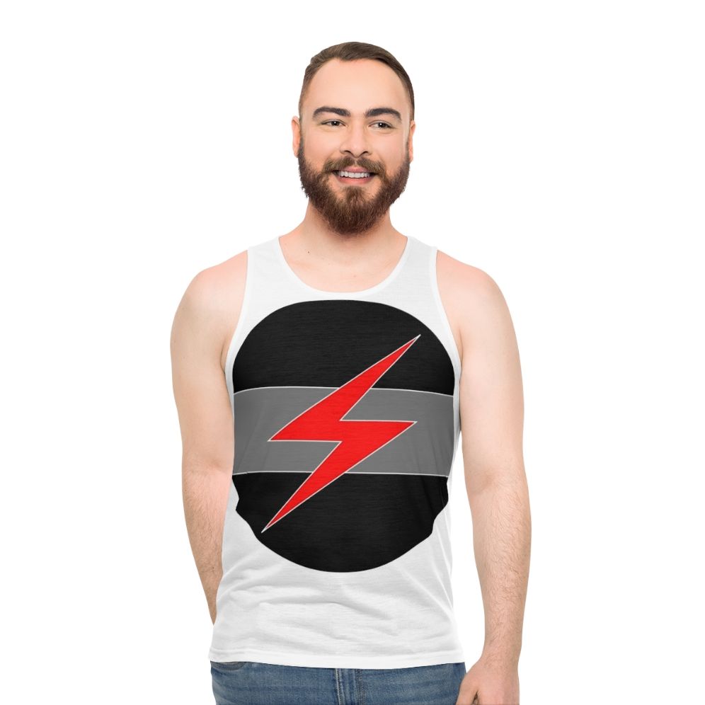 Grey unisex tank top with Throbbing Gristle industrial music band logo - men