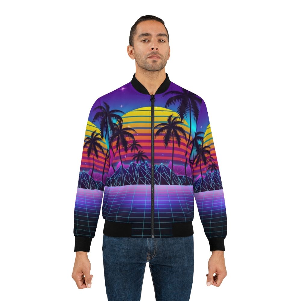 A stylish synthwave bomber jacket with a vibrant sunset aesthetic, featuring a retro futuristic design. - Lifestyle