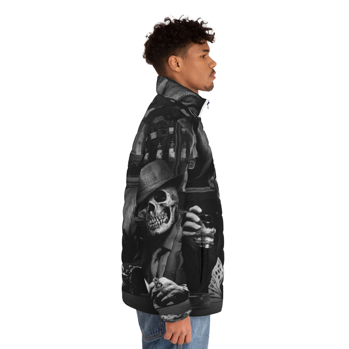 Dead Gangster Puffer Jacket featuring a skeleton and gangster-inspired design - men side right