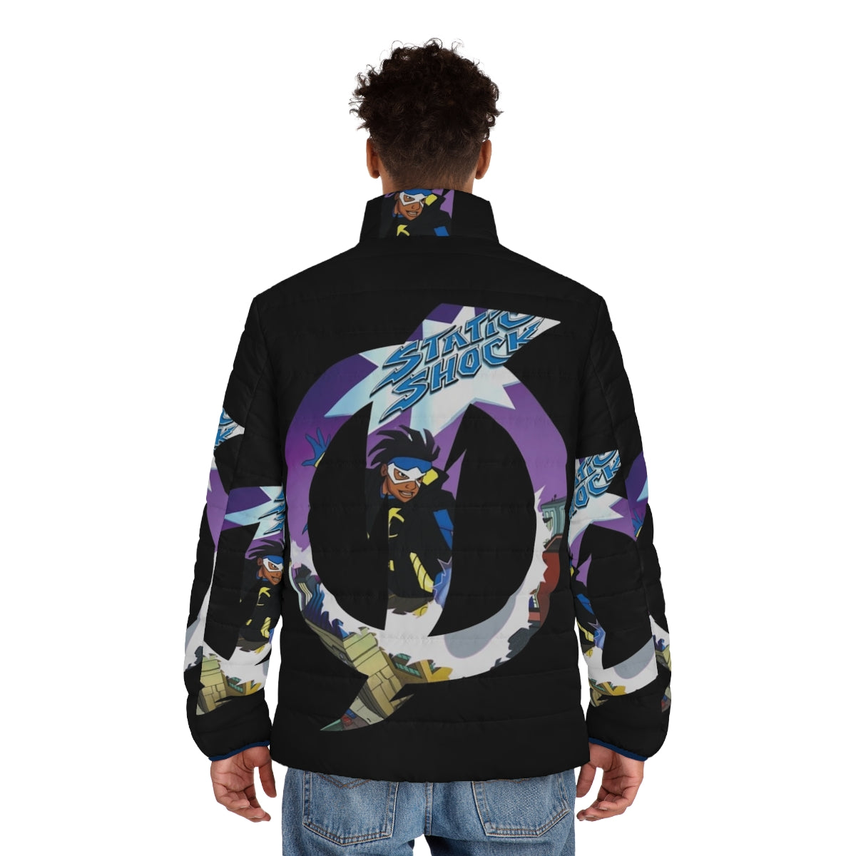 Static Shock Puffer Jacket with Lightning Bolt Design - men back