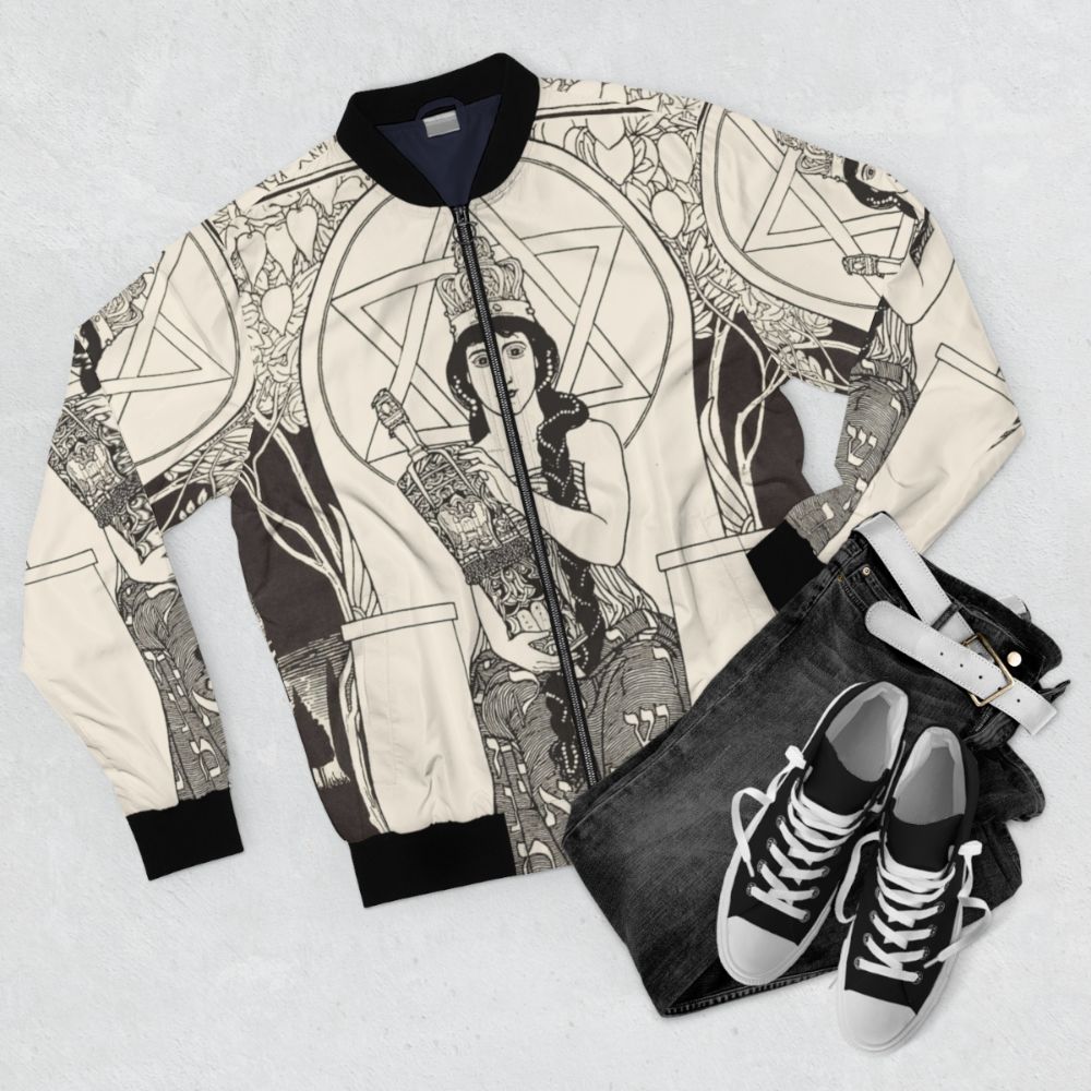 Ephraim Moses Lilien inspired bomber jacket with Jewish and Yiddish cultural imagery - Flat lay