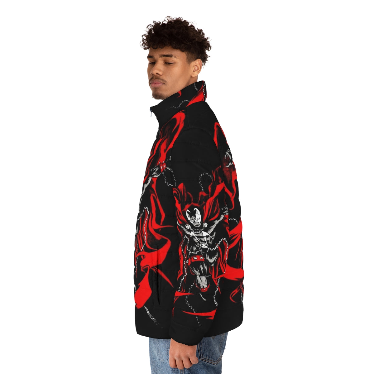 Hellspawn Puffer Jacket with comic book-inspired graphics and dark design - men side left