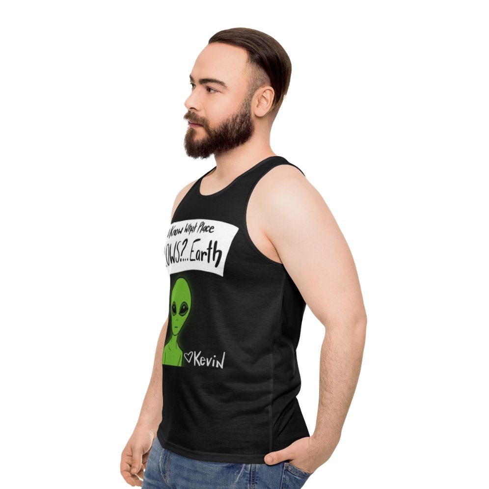 Unisex tank top with earth-themed design and pop culture references - men side