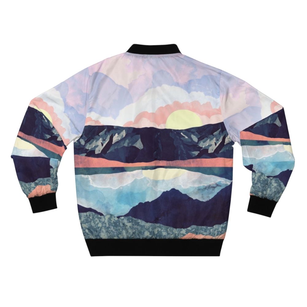 A bomber jacket with a serene lake reflection landscape design - Back