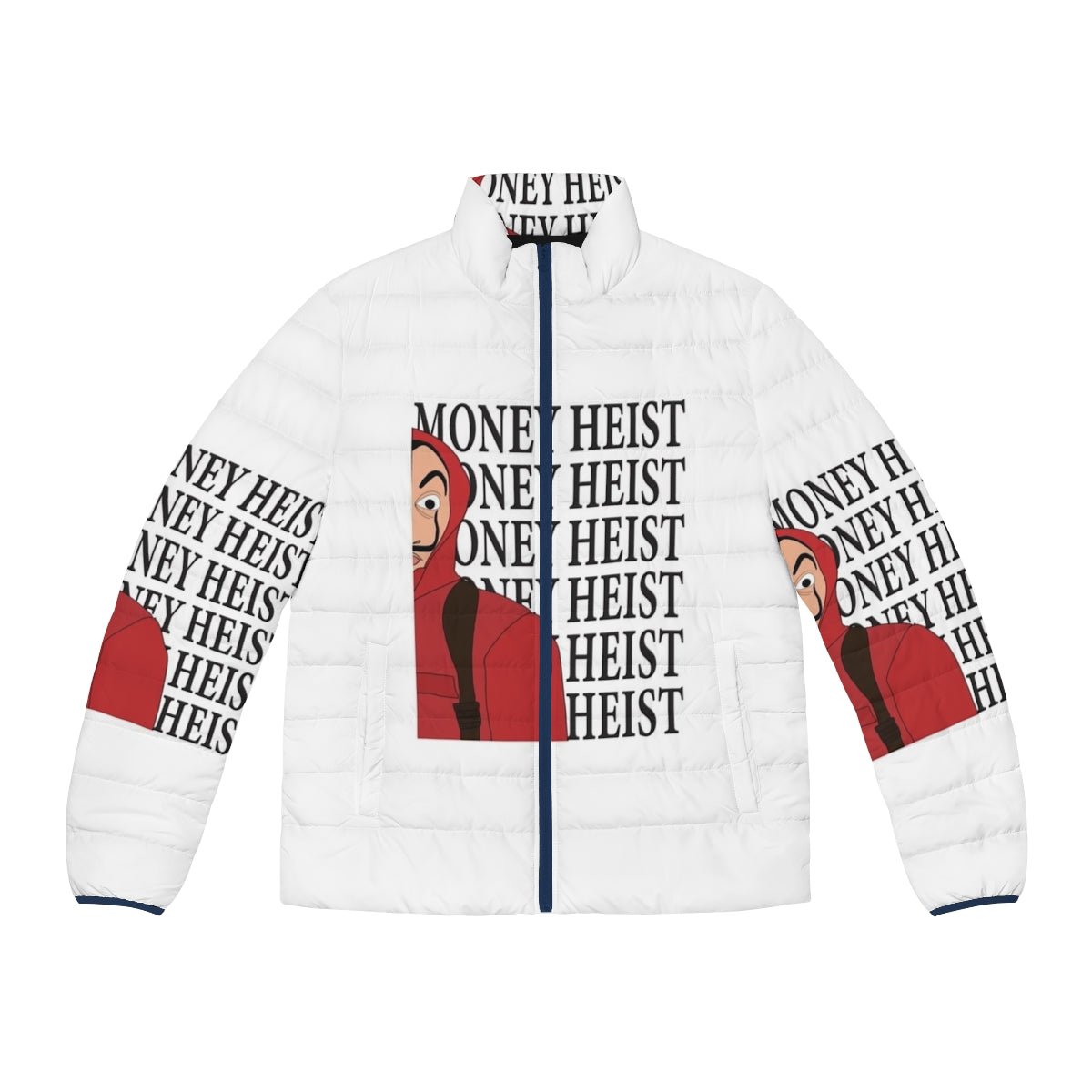 Money Heist Half Puffer Jacket with characters from the Netflix series