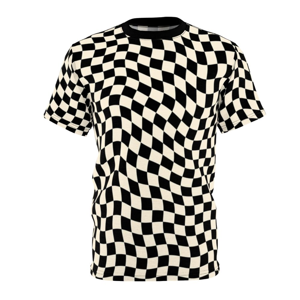 Stylish t-shirt featuring a vibrant wavy checkerboard pattern design