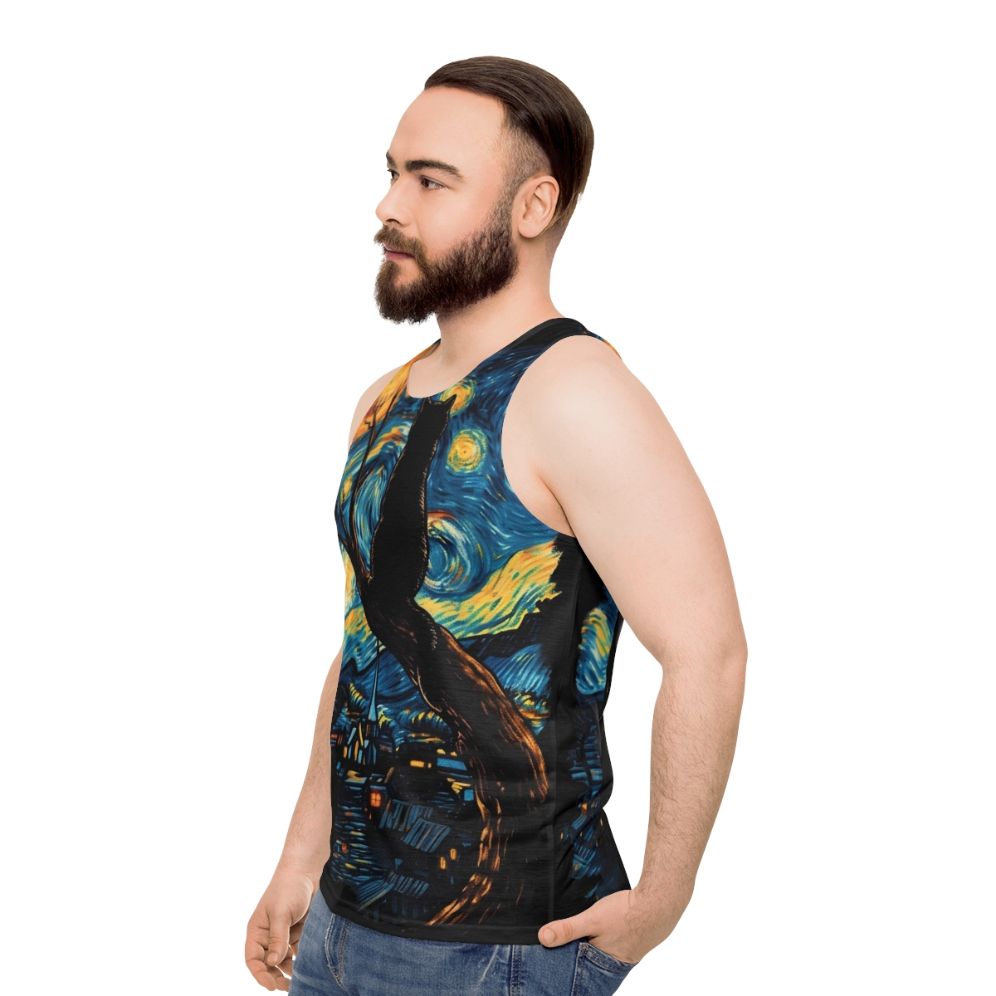 Unisex tank top featuring Van Gogh's Starry Night with a black cat - men side