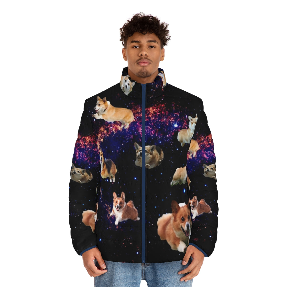 A colorful puffer jacket featuring a cute corgi in an outer space, cosmic design. - men front