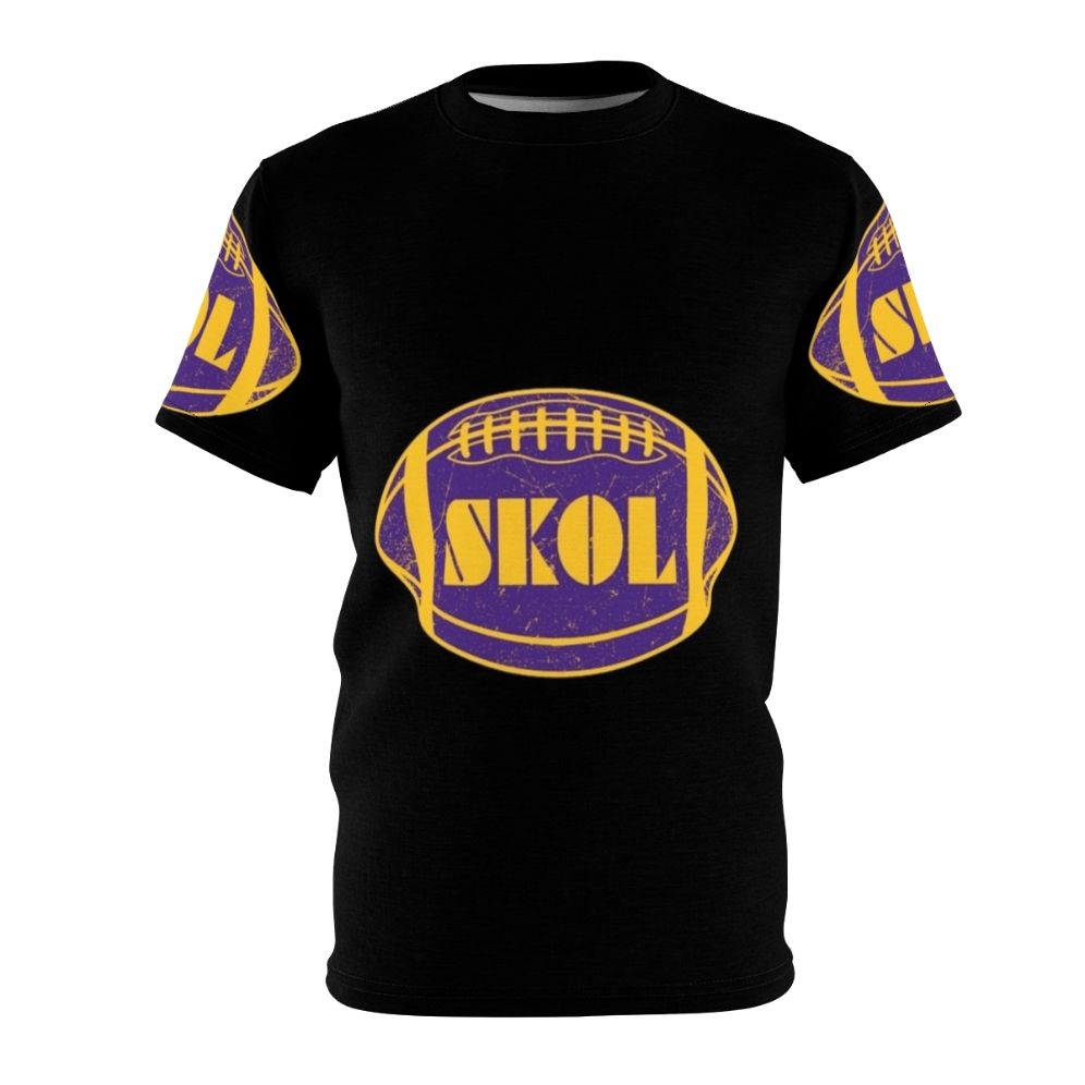 Minnesota Vikings inspired all-over-print t-shirt design featuring the team's iconic colors and elements