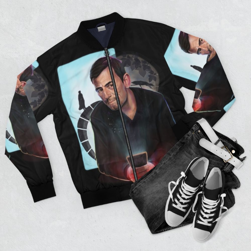 Dracula Transylvania bomber jacket featuring a hand-drawn painting of a dinner scene with the moon, vampires, and wolves - Flat lay