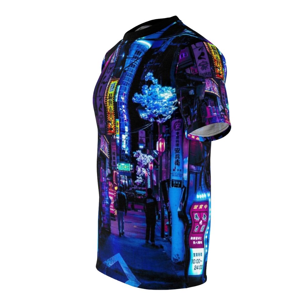 Cyberpunk-inspired t-shirt with a neon graphic of an alley in Tokyo, Japan. - men left