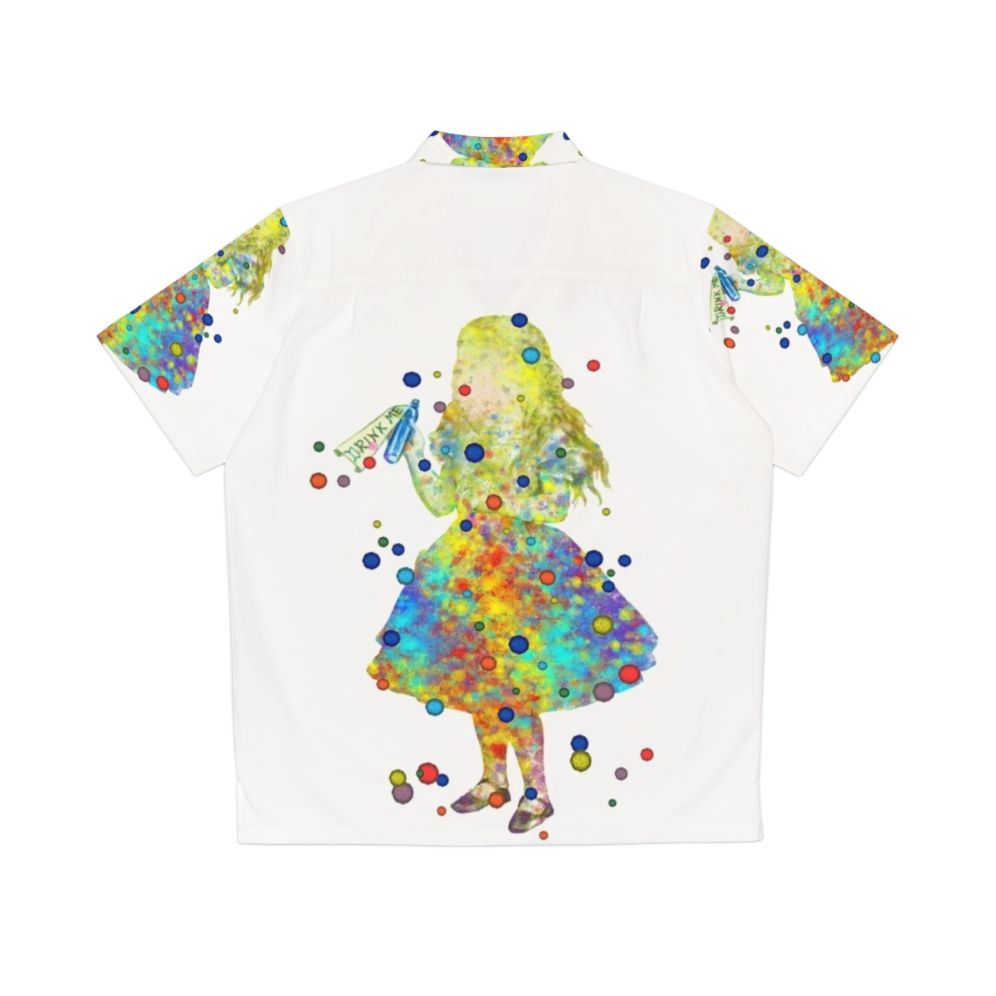 Whimsical Alice in Wonderland watercolor art printed on a colorful Hawaiian shirt - Back