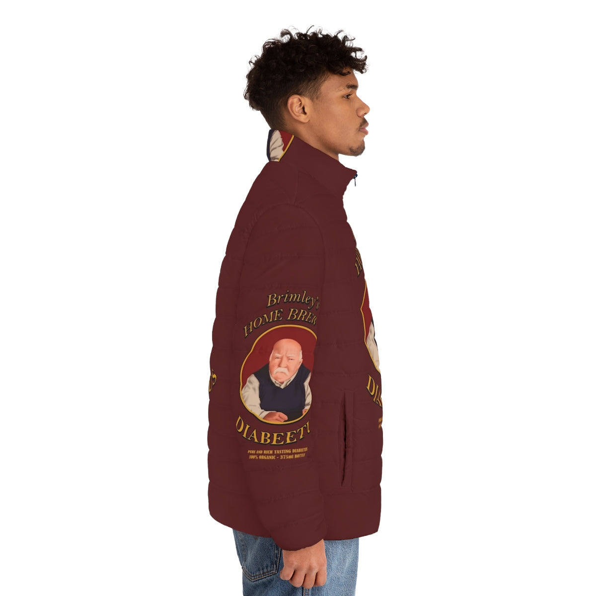 Diabeetus Puffer Jacket featuring Wilfred Brimley and diabetes awareness design - men side right