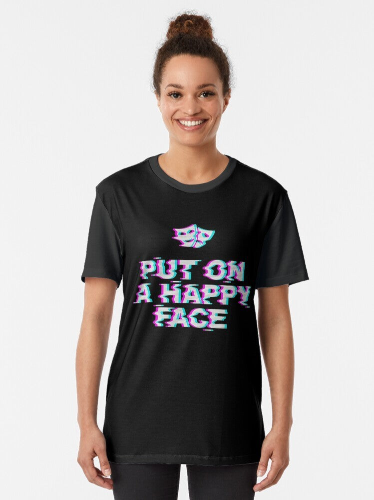 Joker-inspired graphic t-shirt with a happy face design that represents the contrast between happiness and sadness. - Women