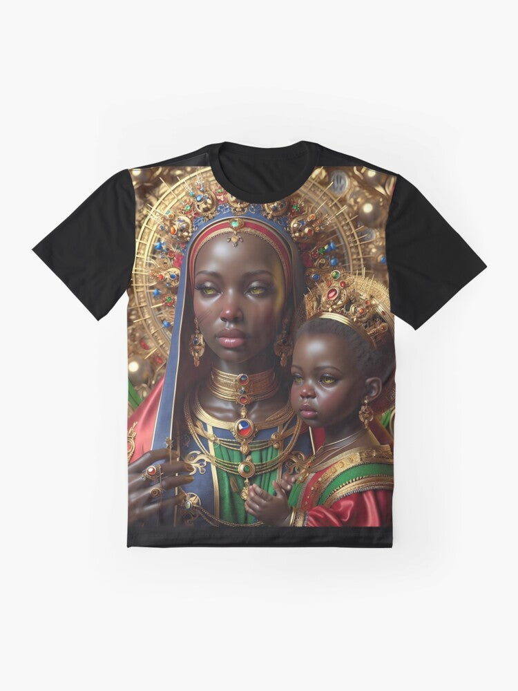 Saint Barbara Africana Graphic T-Shirt featuring voodoo and hoodoo inspired imagery - Flat lay