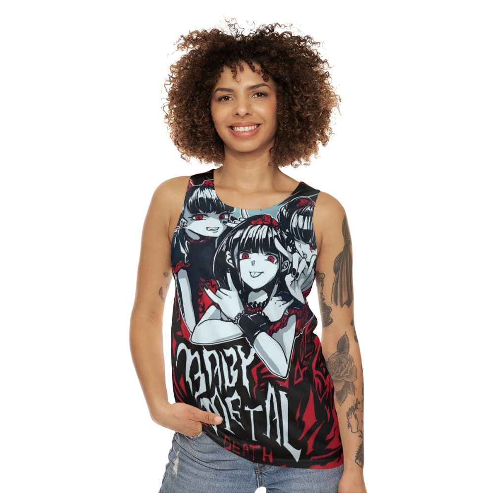 Babymetal inspired unisex tank top featuring kawaii anime and heavy metal graphic - women