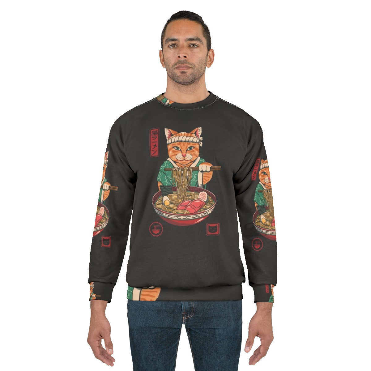 Neko Ramen Sweatshirt featuring a cat design with a ramen bowl - men