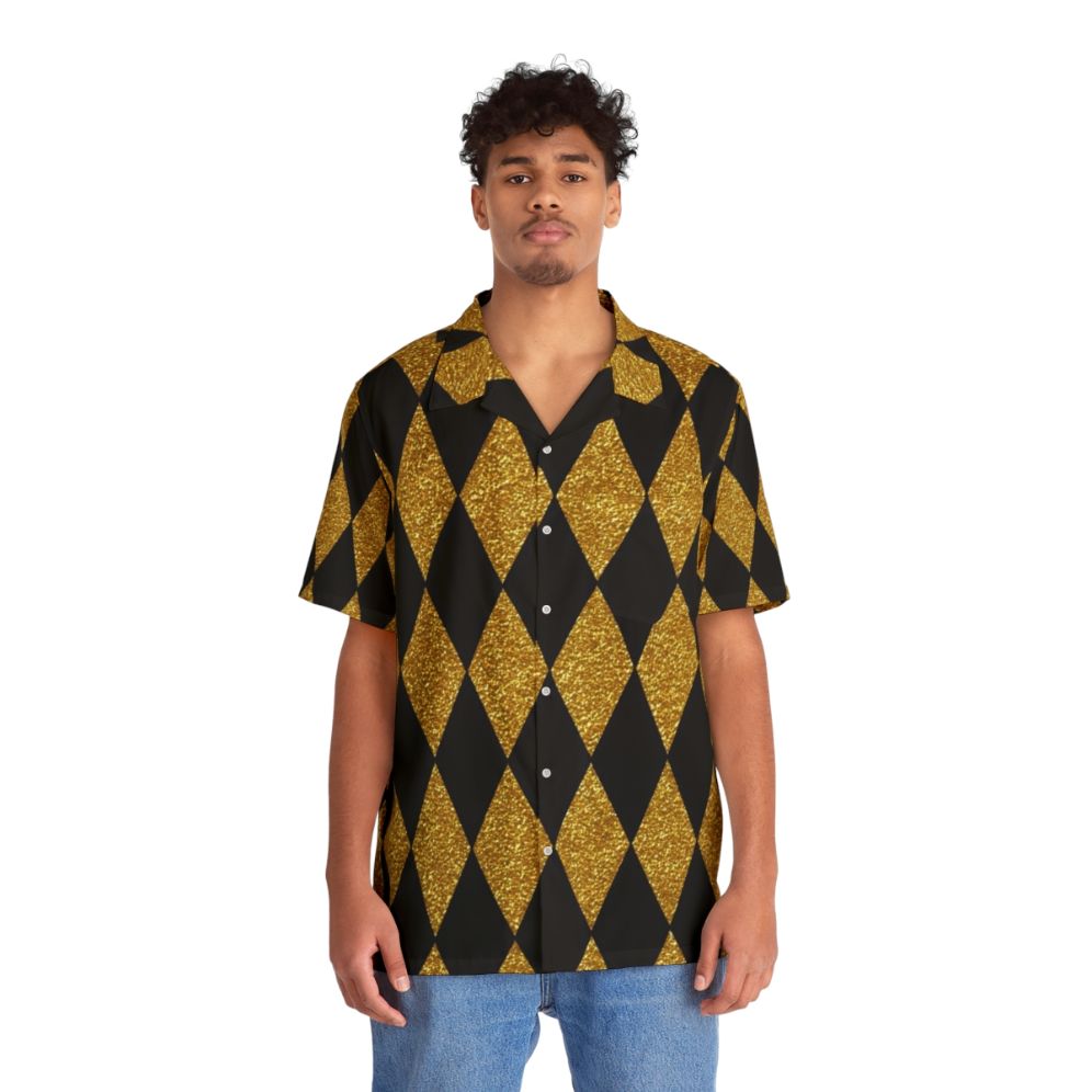 Black and gold harlequin pattern Hawaiian shirt - People Front