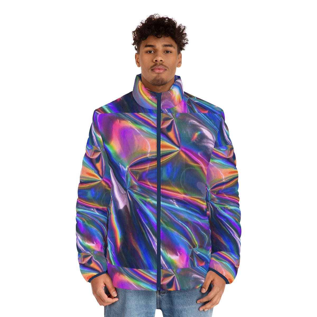 Holographic puffer jacket with shimmery, iridescent texture - men front