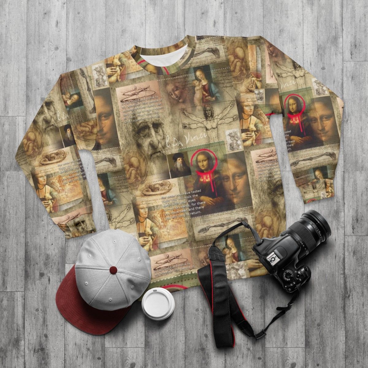 Renaissance-inspired sweatshirt featuring Leonardo Da Vinci's iconic artwork - flat lay